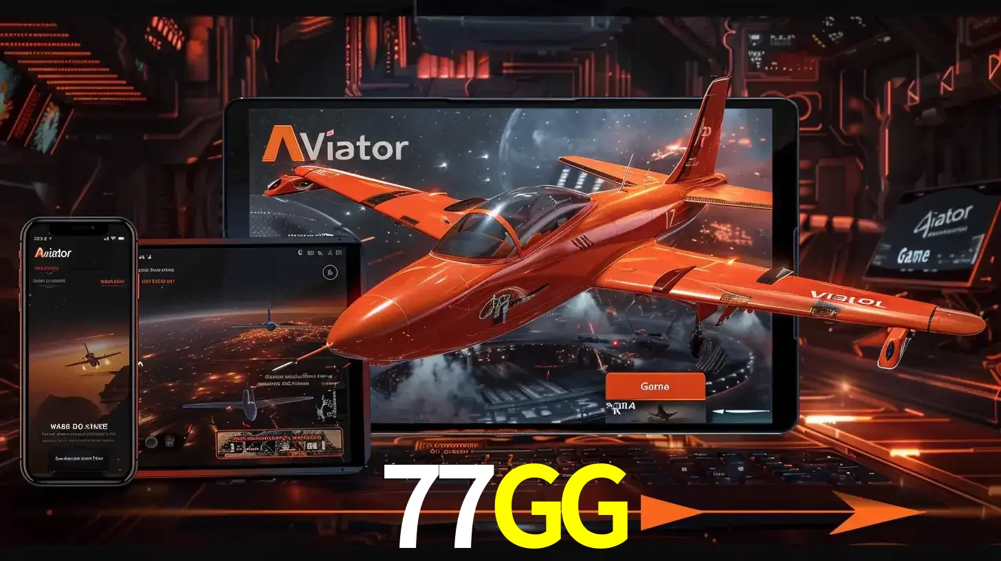 Apresentação tecnológica do jogo Aviator com um avião saindo da tela de um tablet, demonstrando a experiência imersiva em múltiplos dispositivos no 77GG.