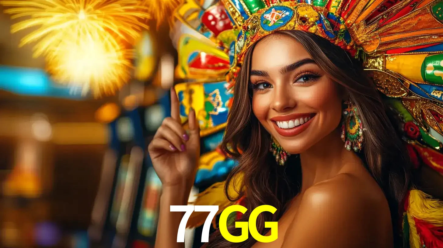 Mulher sorridente com um cocar de carnaval vibrante e colorido, celebrando uma grande vitória nos jogos do cassino 77GG com fogos de artifício ao fundo.