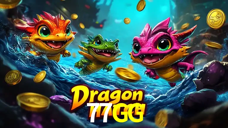 Arte promocional do jogo Dragon Hatch com três adoráveis dragões bebês nadando entre moedas de ouro, um dos slots mais divertidos para jogar no cassino 77GG.