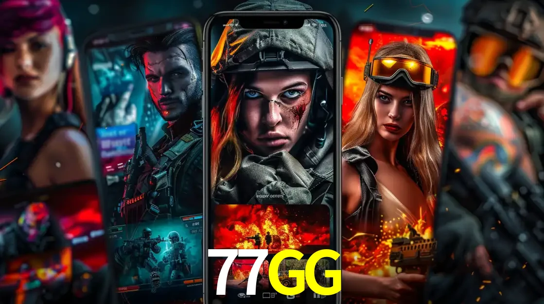 Montagem de telas de celular mostrando diversos personagens, masculinos e femininos, de um jogo de tiro, ilustrando a diversidade de equipes de e-sports para apostar no 77GG.