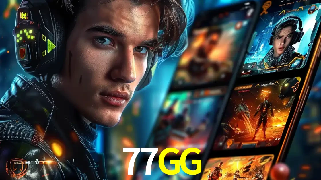 Jovem jogador com fones de ouvido olhando para a câmera, com um aplicativo de jogos e e-sports para celular ao fundo, pronto para a competição e apostas no 77GG.
