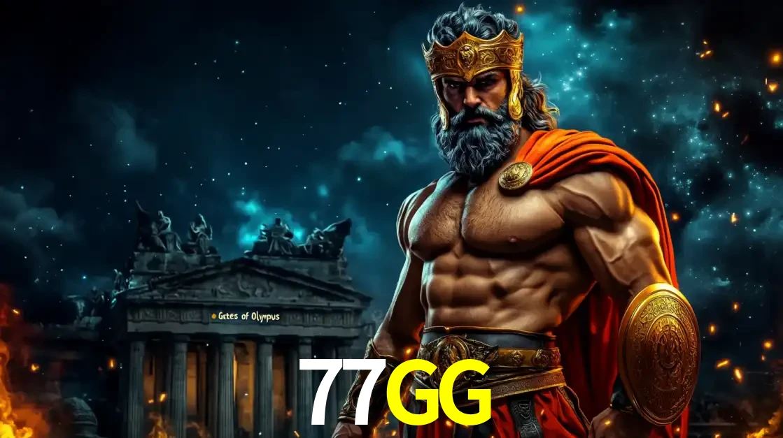 O poderoso Zeus do jogo de slot Gates of Olympus em frente ao seu templo, pronto para lançar multiplicadores divinos e prêmios épicos no cassino online 77GG.