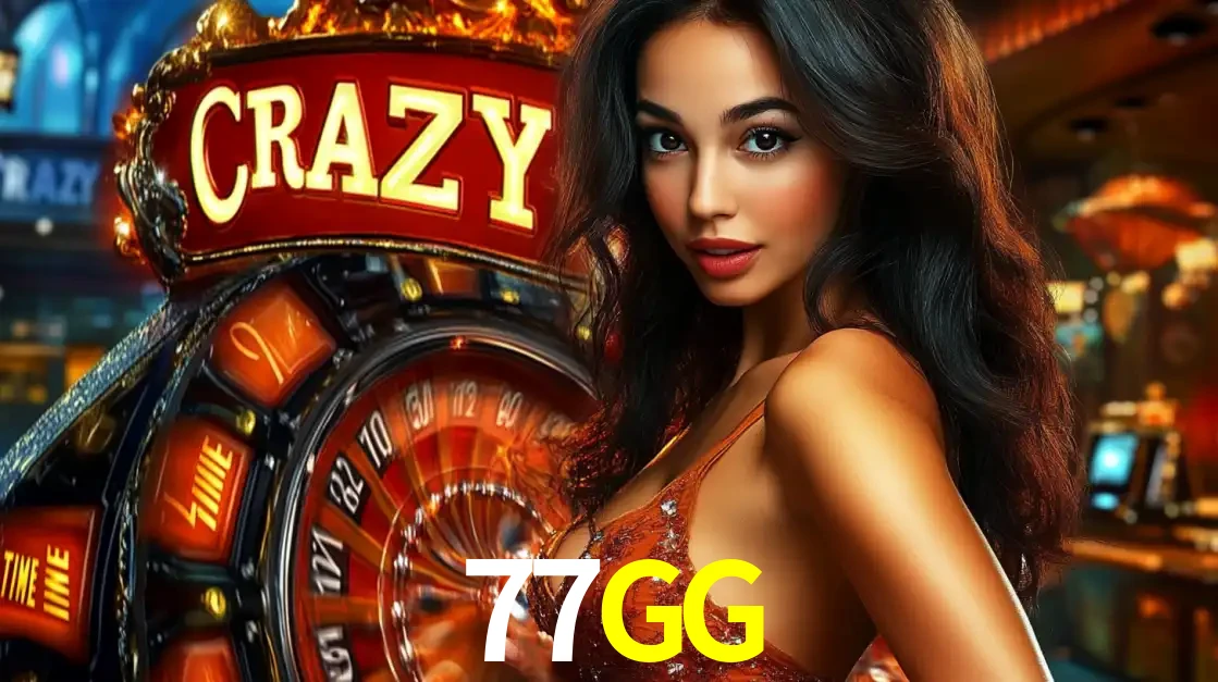 Mulher glamourosa olhando para a câmera com a roda vermelha do Crazy Time ao fundo em um ambiente de cassino, destacando a emoção dos jogos ao vivo no 77GG.