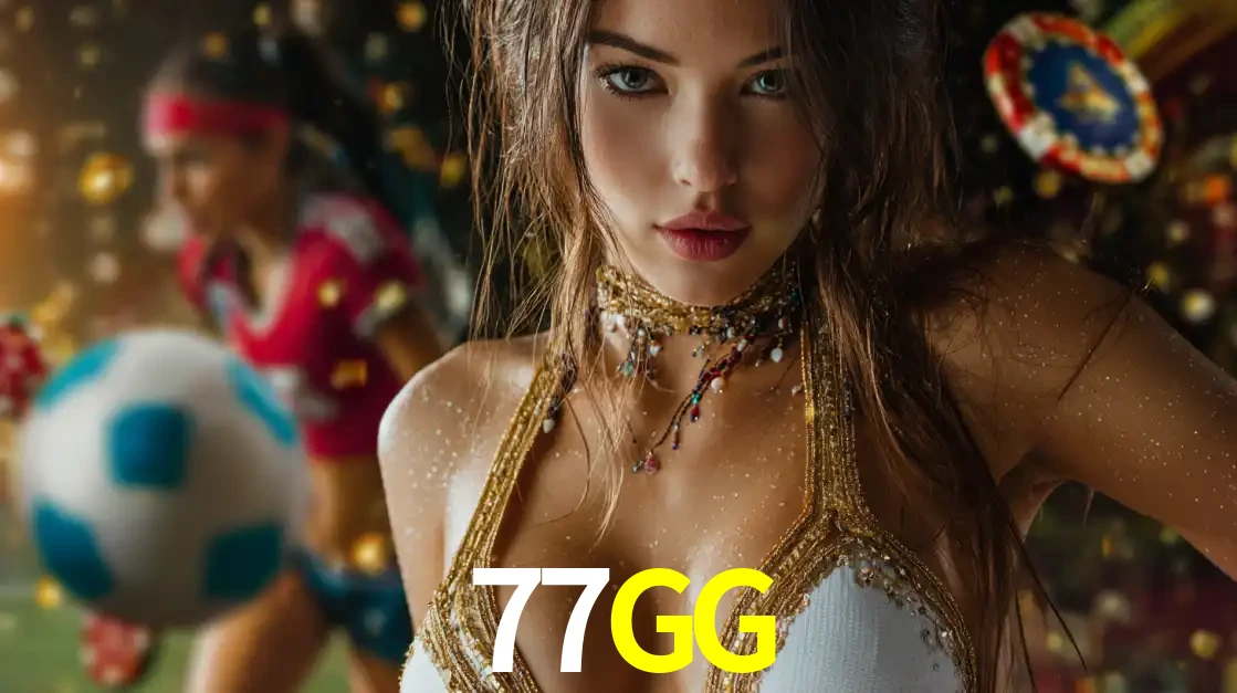 Mulher elegante representando a combinação de glamour e emoção das apostas esportivas, com uma jogadora de futebol ao fundo, destacando a ação no 77GG.