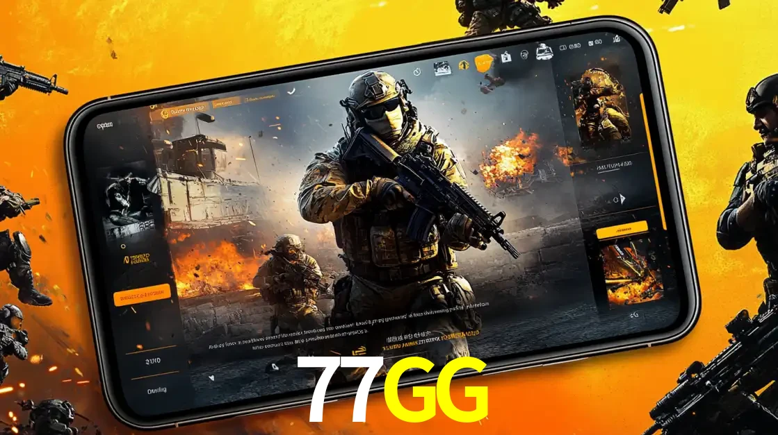 Um smartphone exibindo a interface de um jogo de tiro em primeira pessoa, com um soldado em um cenário de batalha, representando a ação dos e-sports para apostar no 77GG.