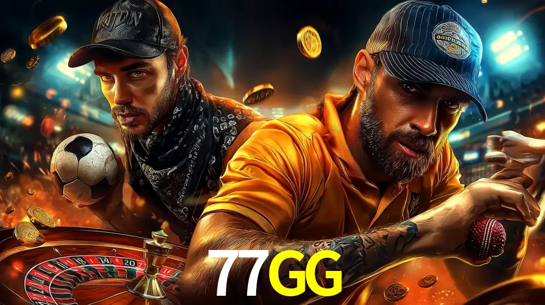 Montagem de apostas esportivas e cassino no 77GG, com um homem segurando uma bola de futebol e outro uma de beisebol sobre uma roleta e moedas voadoras.