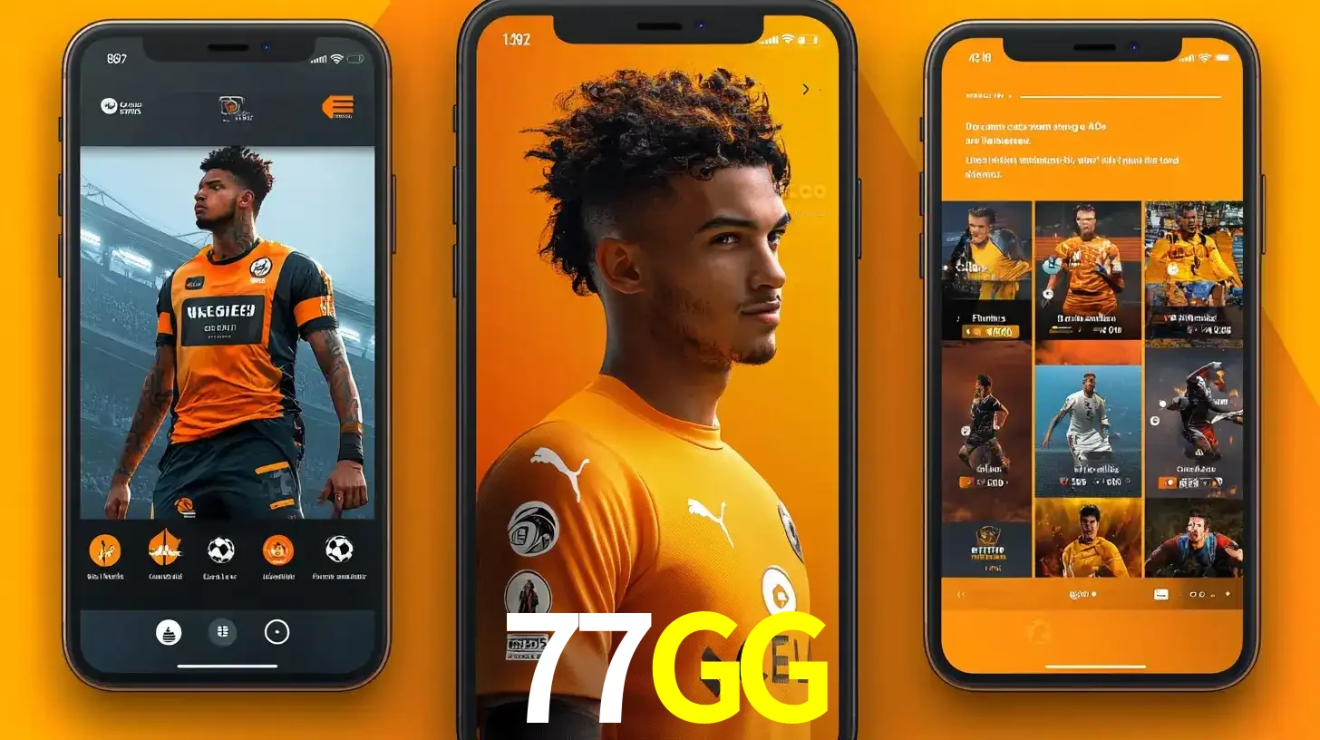 Interface do aplicativo de apostas esportivas 77GG em três telas de celular, mostrando o perfil de um jogador de futebol e a lista de jogos disponíveis para apostar.