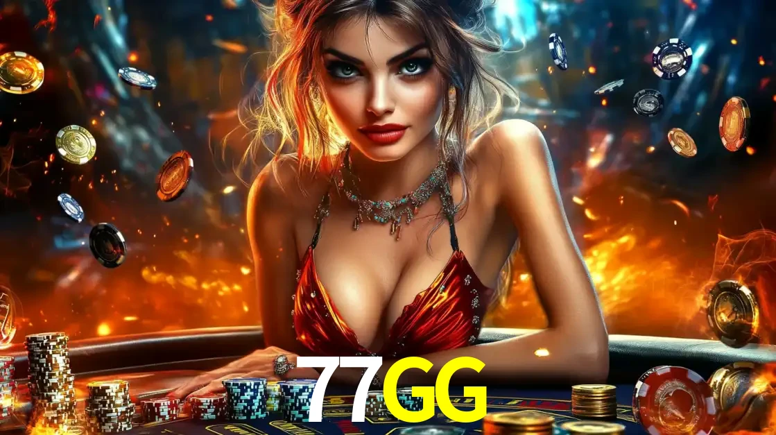 Mulher em uma mesa de cassino com pilhas de fichas e um fundo de fogo, pronta para uma rodada de altas apostas nos jogos de mesa emocionantes do cassino 77GG.