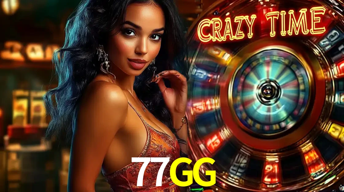 Mulher elegante ao lado da vibrante roda da fortuna do jogo de cassino ao vivo Crazy Time, um dos game shows mais populares e cheios de prêmios do 77GG.