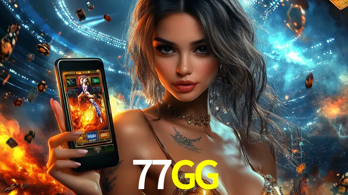Mulher segurando um celular com um jogo de slot em destaque, tendo como fundo um estádio vibrante, simbolizando a emoção de jogar no cassino móvel 77GG.