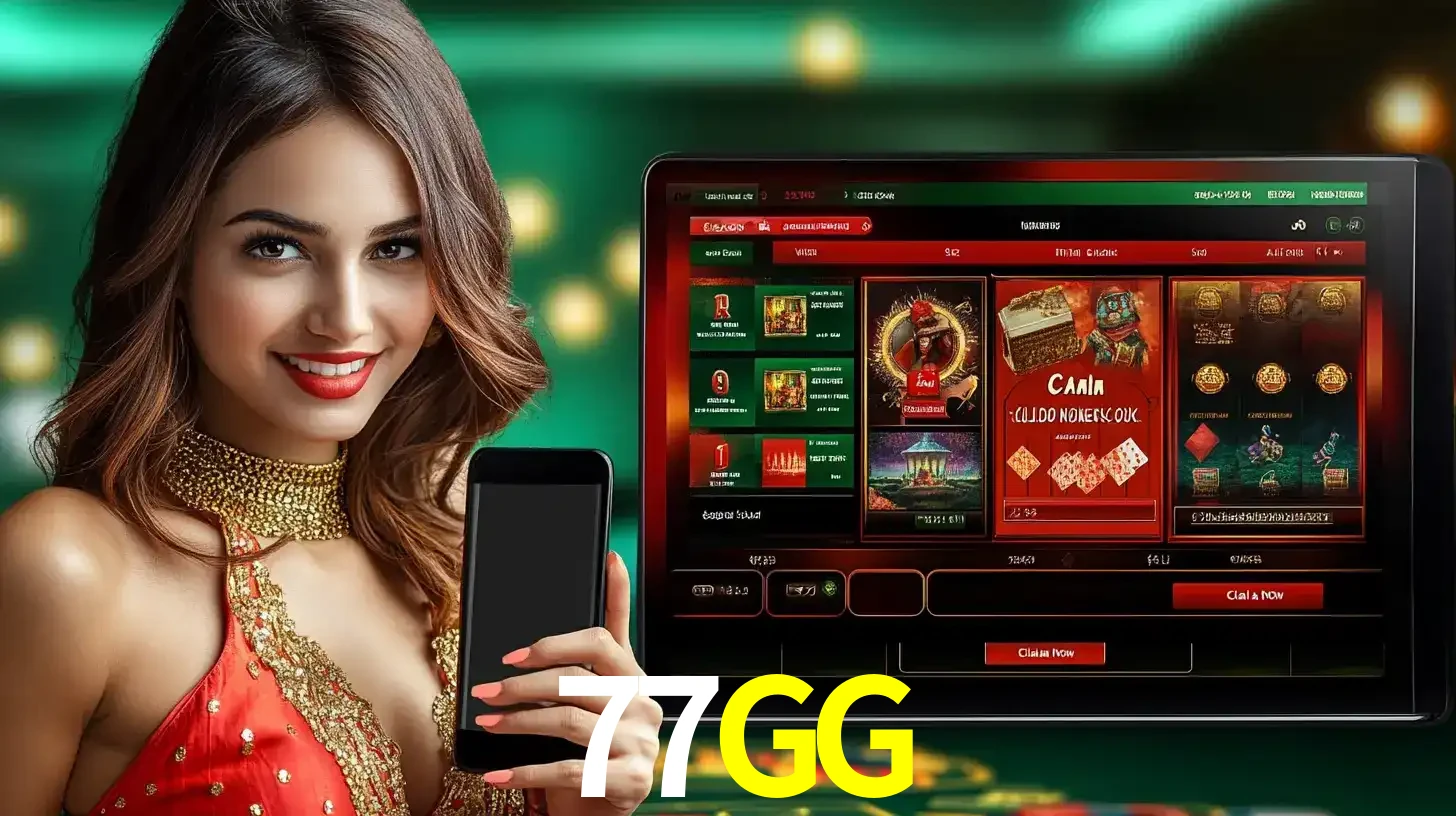 Mulher sorridente segurando um smartphone, ao lado de uma tela exibindo o lobby de jogos do cassino online 77GG, com várias opções de jogos de cartas e slots.
